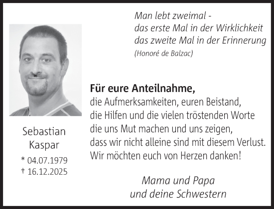 Traueranzeige von Sebastian Kaspar 