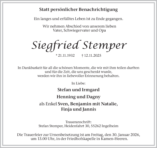 Traueranzeige von Siegfried Stemper von Hellweger Anzeiger