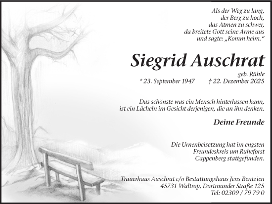 Traueranzeige von Siegrid Auschrat von Ruhr Nachrichten