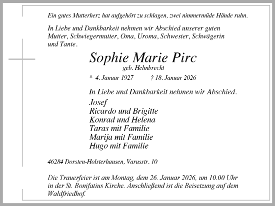 Traueranzeige von Sophie Marie Pirc von Ruhr Nachrichten und Dorstener Zeitung