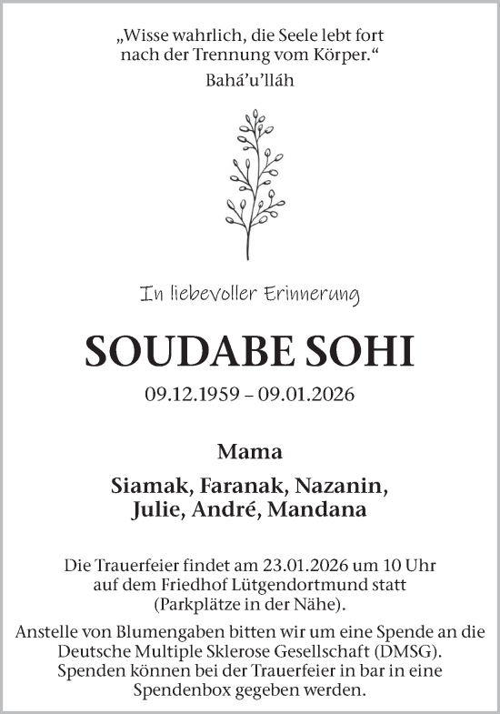Traueranzeige von Soudabe Sohi von Ruhr Nachrichten