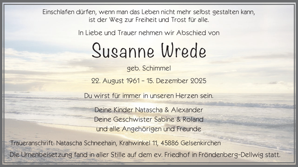  Traueranzeige für Susanne Wrede vom 17.01.2026 aus Hellweger Anzeiger