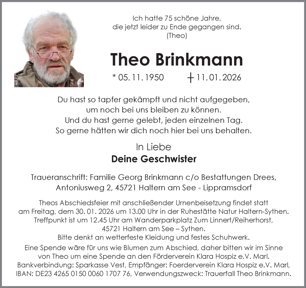  Traueranzeige für Theo Brinkmann vom 24.01.2026 aus Ruhr Nachrichten und Halterner Zeitung