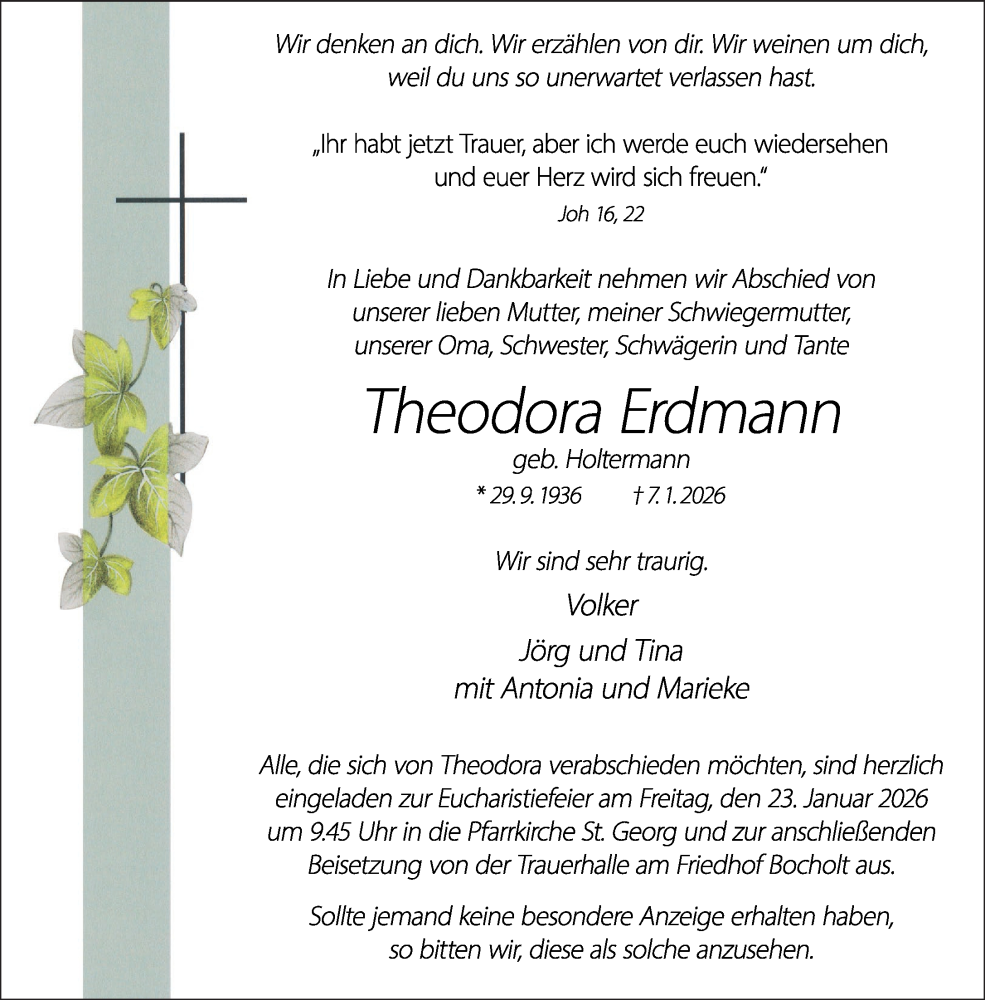  Traueranzeige für Theodora Erdmann vom 17.01.2026 aus 