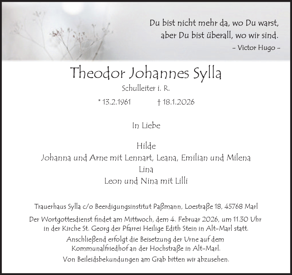  Traueranzeige für Theodor Johannes Sylla vom 24.01.2026 aus Trauer Vest