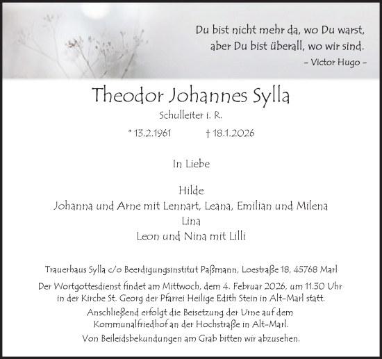 Traueranzeige von Theodor Johannes Sylla von Trauer Vest