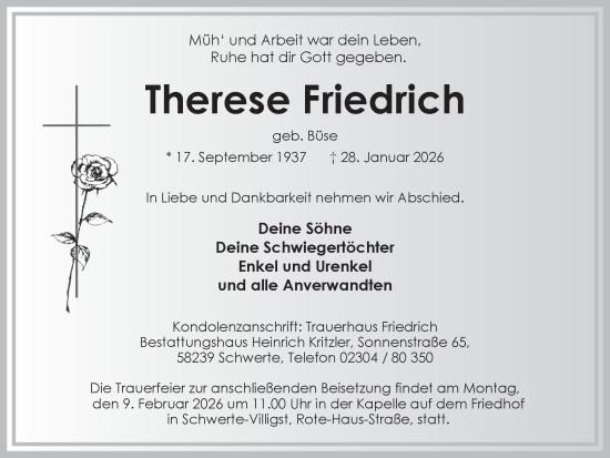 Traueranzeige von Therese Friedrich von Ruhr Nachrichten