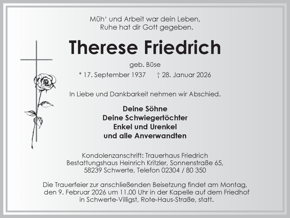  Traueranzeige für Therese Friedrich vom 31.01.2026 aus Ruhr Nachrichten