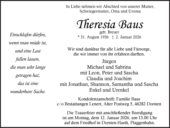 Traueranzeige von Theresia Baus von Ruhr Nachrichten und Dorstener Zeitung