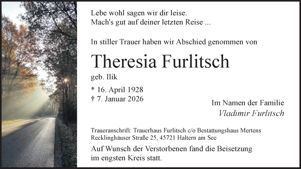  Traueranzeige für Theresia Furlitsch vom 24.01.2026 aus Ruhr Nachrichten und Halterner Zeitung