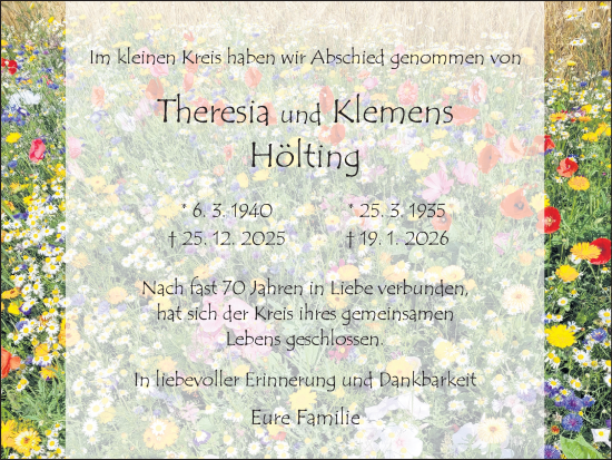 Traueranzeige von Theresia und Klemens Hölting von Ruhr Nachrichten und Dorstener Zeitung
