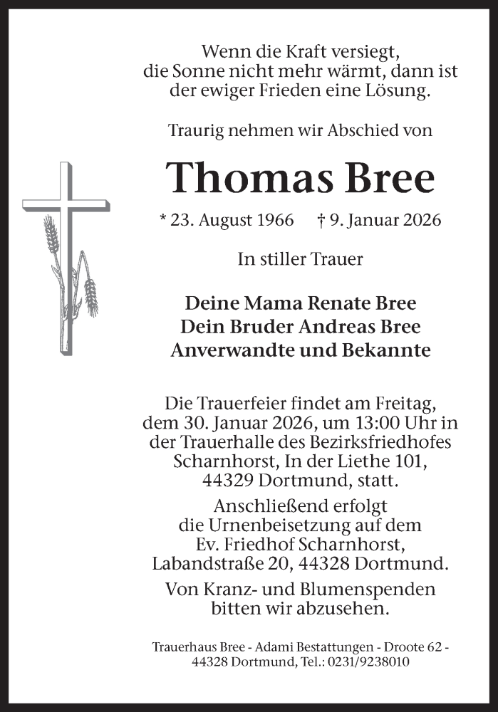  Traueranzeige für Thomas Bree vom 17.01.2026 aus Ruhr Nachrichten