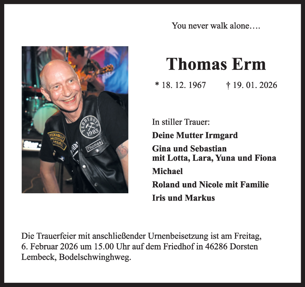  Traueranzeige für Thomas Erm vom 31.01.2026 aus Ruhr Nachrichten und Dorstener Zeitung