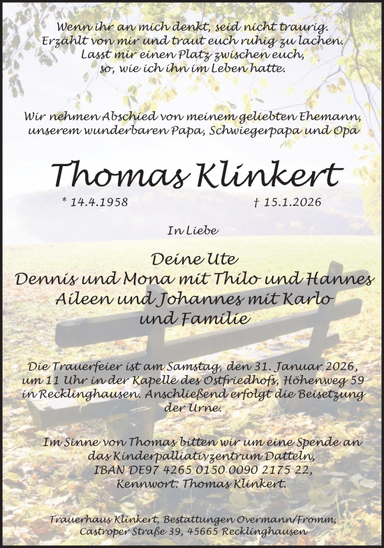 Traueranzeige von Thomas Klinkert von Trauer Vest