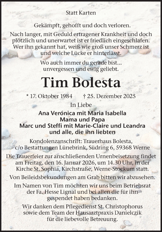 Traueranzeige von Tim Bolesta von Ruhr Nachrichten