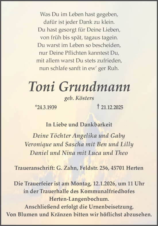 Traueranzeige von Toni Grundmann von Trauer Vest
