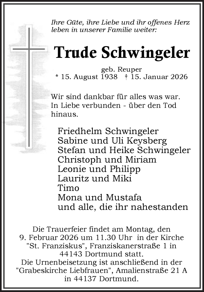  Traueranzeige für Trude Schwingeler vom 31.01.2026 aus Ruhr Nachrichten