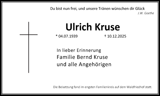 Traueranzeige von Ulrich Kruse von Stadtanzeiger Castrop-Rauxel