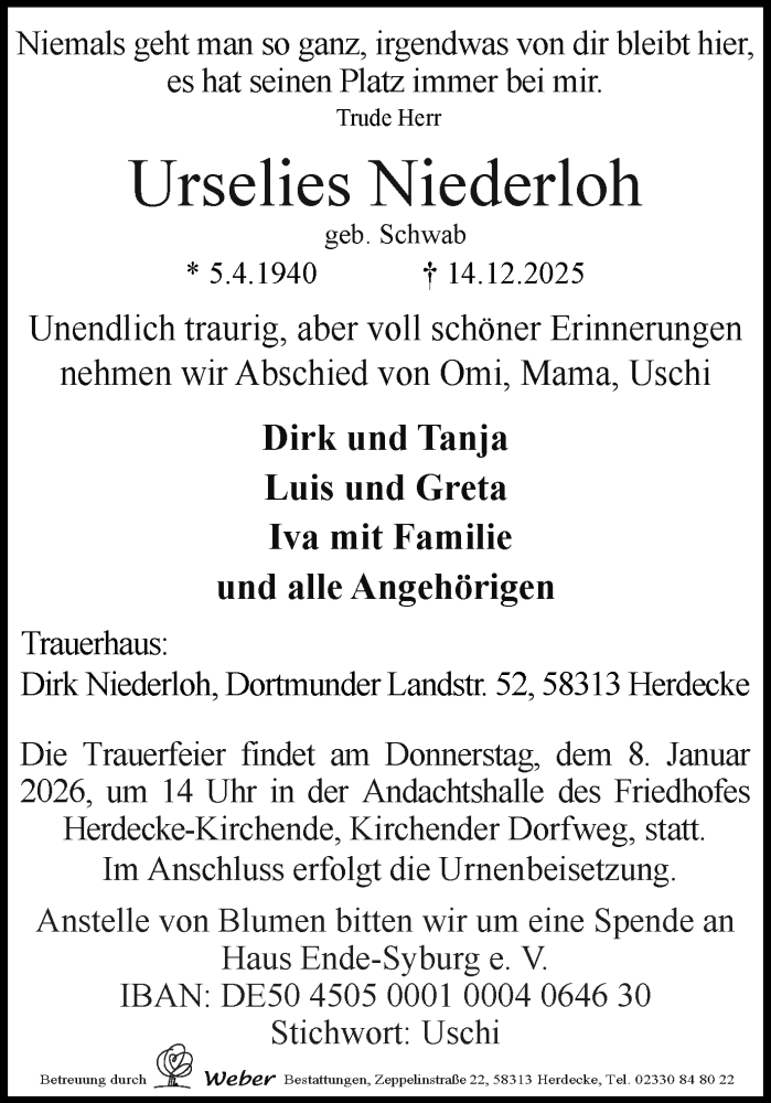  Traueranzeige für Urselies Niederloh vom 03.01.2026 aus Ruhr Nachrichten