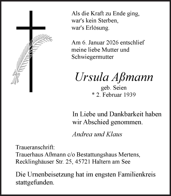 Traueranzeige von Ursula Aßmann von Ruhr Nachrichten und Halterner Zeitung