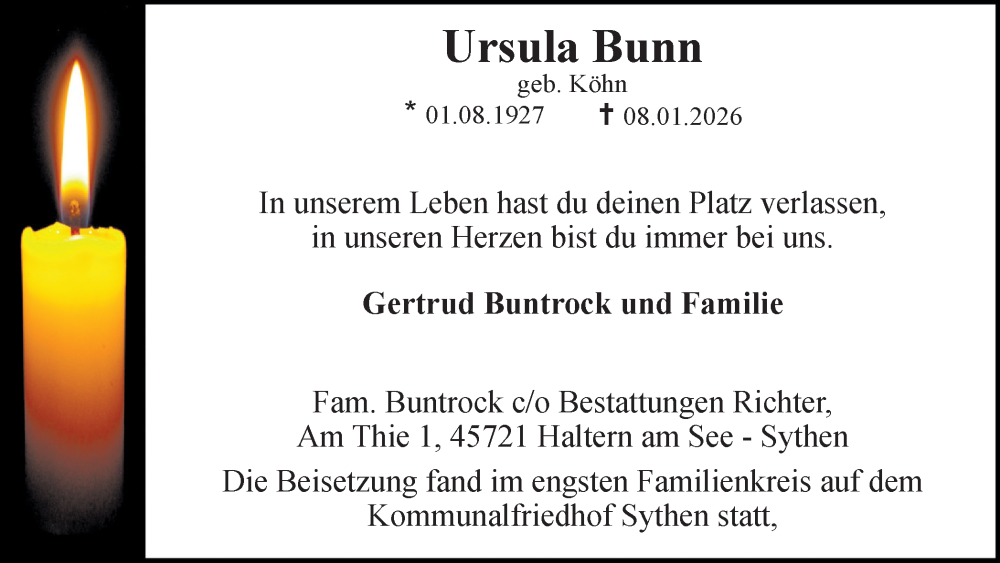  Traueranzeige für Ursula Bunn vom 24.01.2026 aus Ruhr Nachrichten und Halterner Zeitung