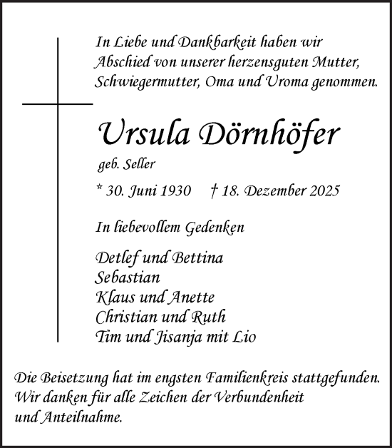 Traueranzeige von Ursula Dörnhöfer von Ruhr Nachrichten und Dorstener Zeitung