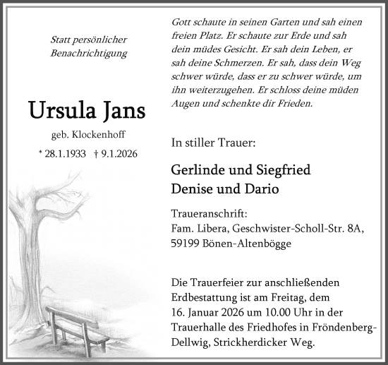 Traueranzeige von Ursula Jans von Hellweger Anzeiger