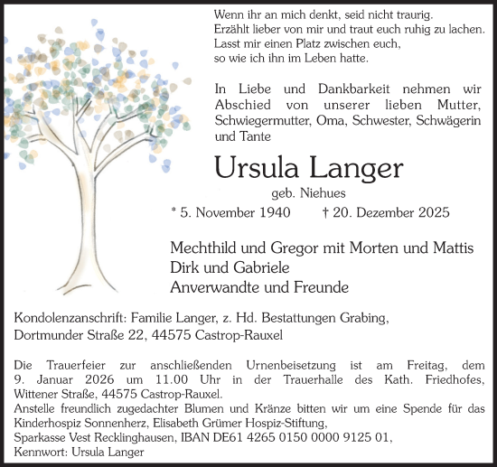 Traueranzeige von Ursula Langer von Stadtanzeiger Castrop-Rauxel