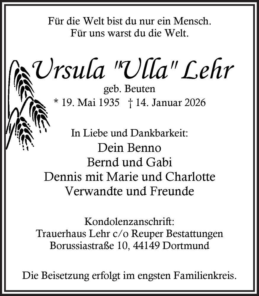  Traueranzeige für Ursula Lehr vom 24.01.2026 aus Ruhr Nachrichten