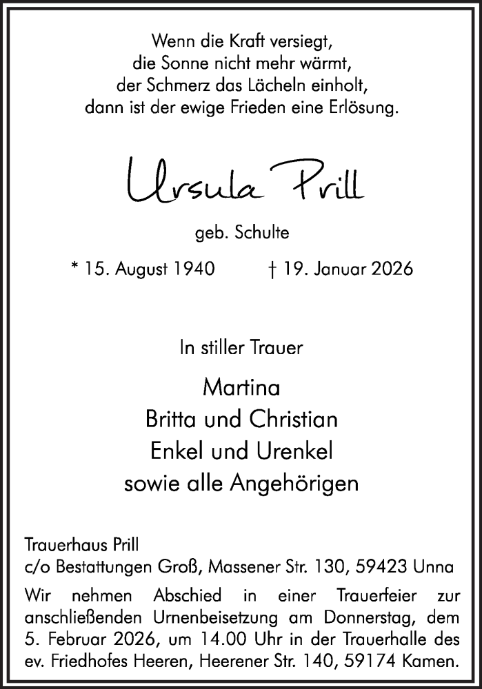  Traueranzeige für Ursula Prill vom 31.01.2026 aus Hellweger Anzeiger