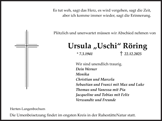 Traueranzeige von Ursula Röring von Trauer Vest