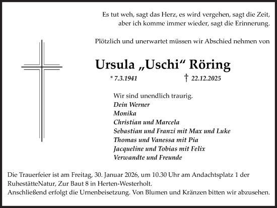 Traueranzeige von Ursula Röring von Trauer Vest