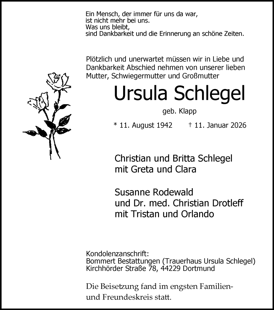  Traueranzeige für Ursula Schlegel vom 24.01.2026 aus Ruhr Nachrichten