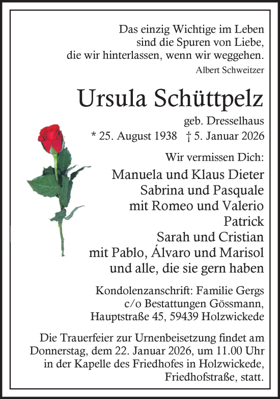 Traueranzeige von Ursula Schüttpelz von Hellweger Anzeiger