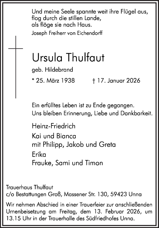 Traueranzeige von Ursula Thulfaut von Hellweger Anzeiger