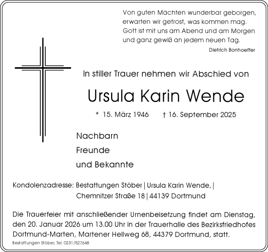 Traueranzeige von Ursula Karin Wende von Ruhr Nachrichten