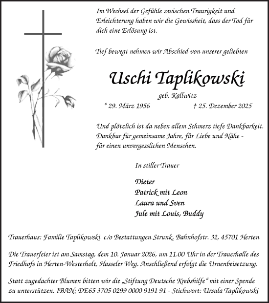 Traueranzeige von Uschi Taplikowski von Trauer Vest