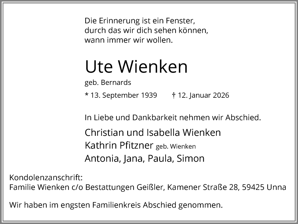  Traueranzeige für Ute Wienken vom 24.01.2026 aus Hellweger Anzeiger