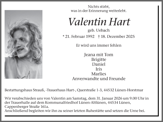 Traueranzeige von Valentin Hart von Lüner Anzeiger