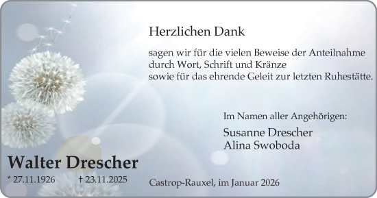 Traueranzeige von Walter Drescher von Stadtanzeiger Castrop-Rauxel