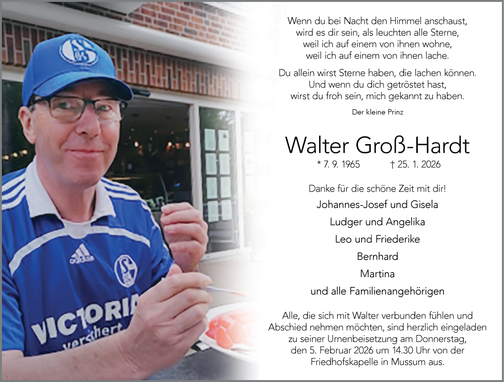  Traueranzeige für Walter Groß-Hardt vom 31.01.2026 aus 