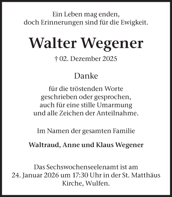 Traueranzeige von Walter Wegener von Ruhr Nachrichten und Dorstener Zeitung