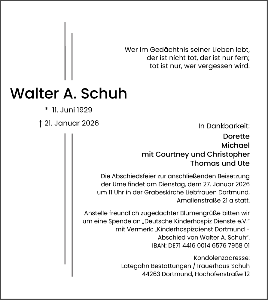  Traueranzeige für Walter A. Schuh vom 24.01.2026 aus Ruhr Nachrichten