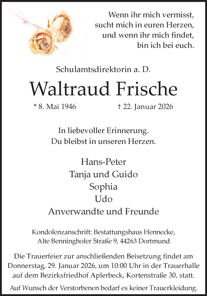  Traueranzeige für Waltraud Frische vom 28.01.2026 aus Ruhr Nachrichten