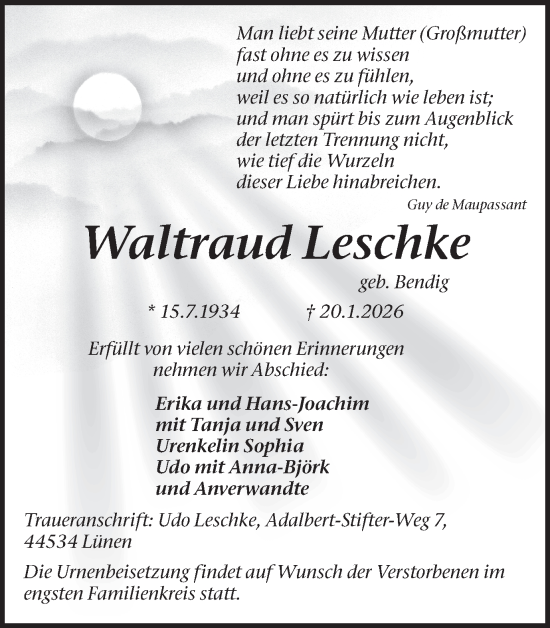 Traueranzeige von Waltraud Leschke von Lüner Anzeiger