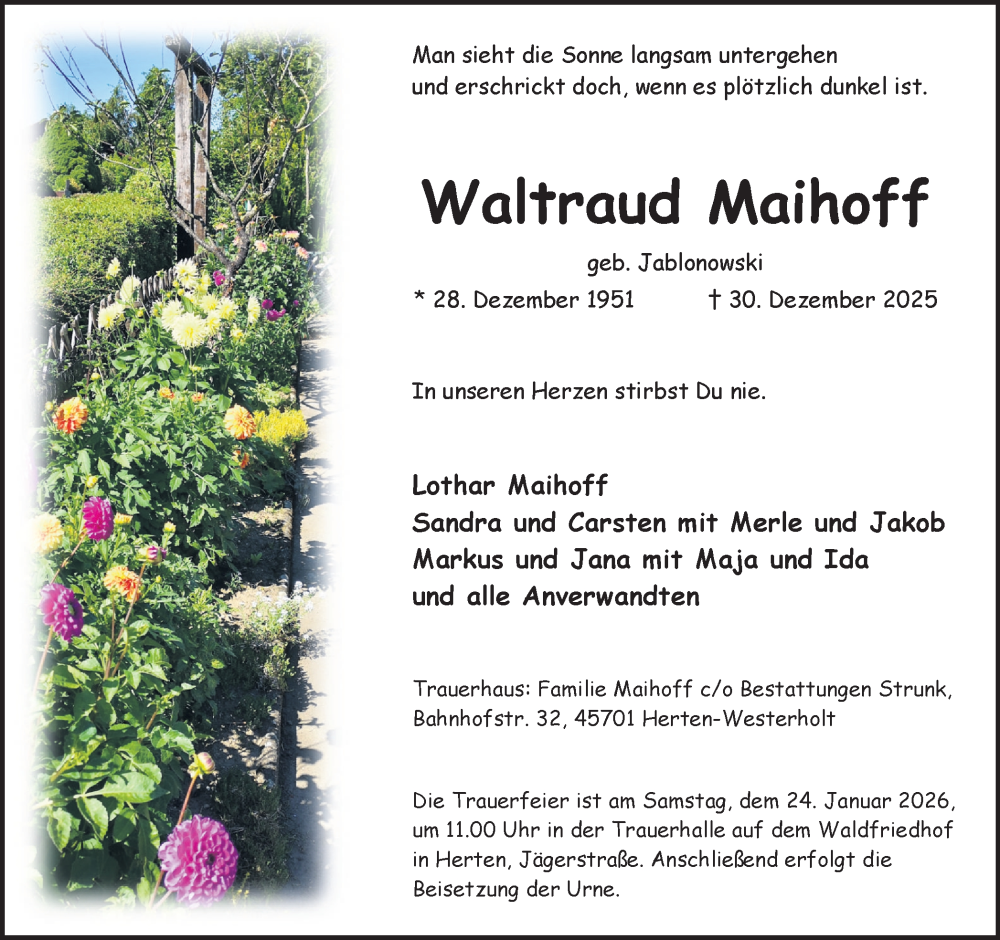  Traueranzeige für Waltraud Maihoff vom 16.01.2026 aus Trauer Vest