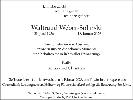 Traueranzeige von Waltraud Weber-Solinski von Trauer Vest