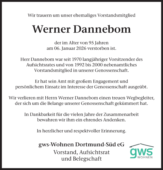 Traueranzeige von Werner Dannebom von Ruhr Nachrichten