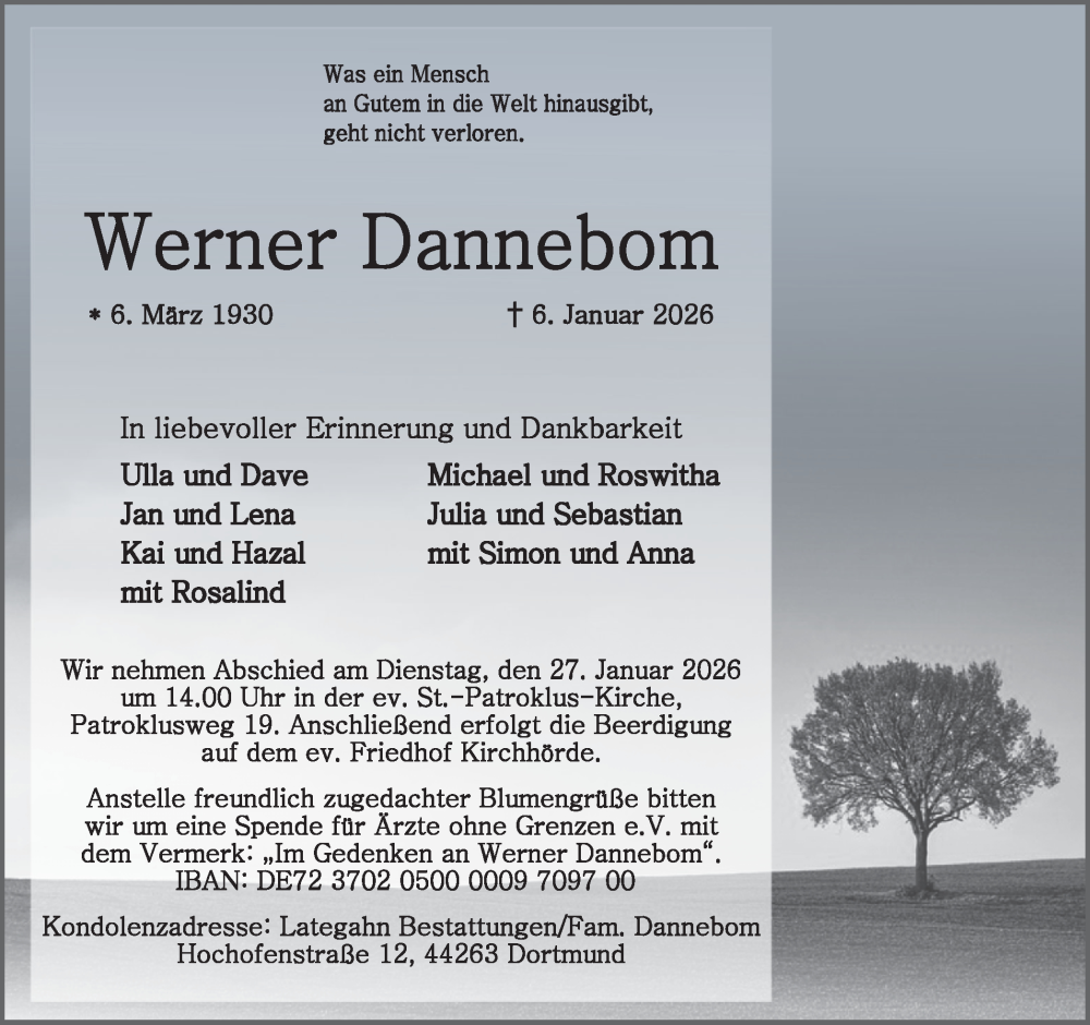  Traueranzeige für Werner Danneboom vom 17.01.2026 aus Ruhr Nachrichten