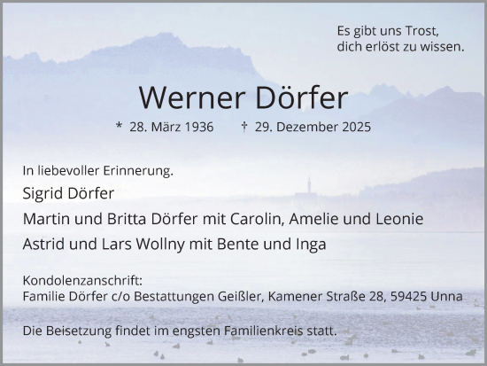 Traueranzeige von Werner Dörfer von Hellweger Anzeiger